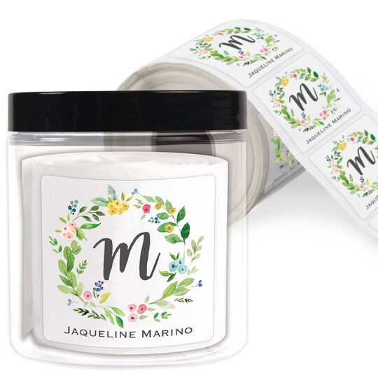 White Bud Wreath Initial Square Gift Stickers in a Jar